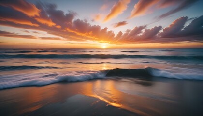 Obraz premium Una espectacular puesta de sol sobre un océano en calma, con vibrantes nubes de color naranja, amarillo y azul reflejándose en el agua tranquila. El sol se pone detrás de las nubes, creando una impres