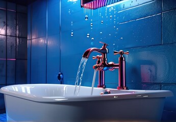 Bathtub, Serene Bathroom Ambiance: Copper Faucet Filling Modern Tub Under Neon Lights