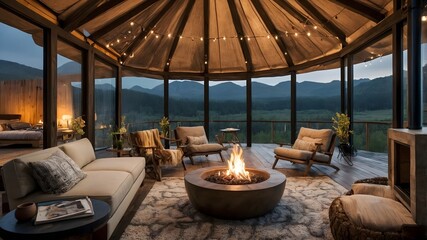 Obraz premium Modern Hotel Camping Experience Stunning Mountain Retreat with Scandinavian-Style Interiors, Featuring Diverse Weather and Terrain, Perfectly Blending Comfort and Nature,Unique Getaways (AI-Generated)