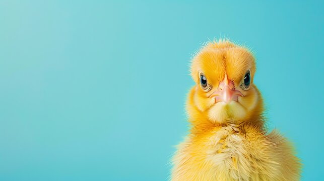 A fluffy yellow chickling stares directly at the camera with a serious expression.