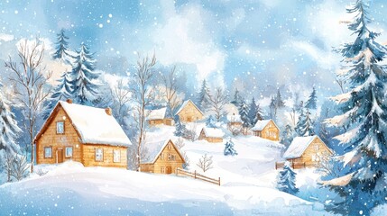 Watercolor Painting of a Snowy Village with Wooden Cabins in a Forest