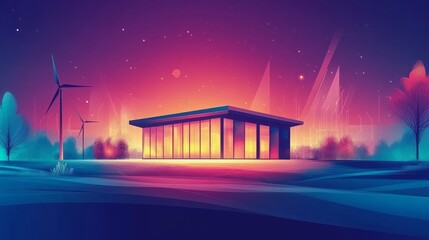 Modern Architectural Design of a Futuristic House Surrounded by Nature and Wind Turbines at Twilight with Vibrant Colors and a Dreamlike Atmosphere