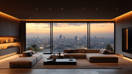 Spacious modern living room with minimalist furniture, neutral colors, and a chic design for a luxurious feel