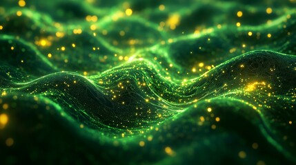 Glowing Green Waves with Golden Sparkling Particles - made with Generative AI