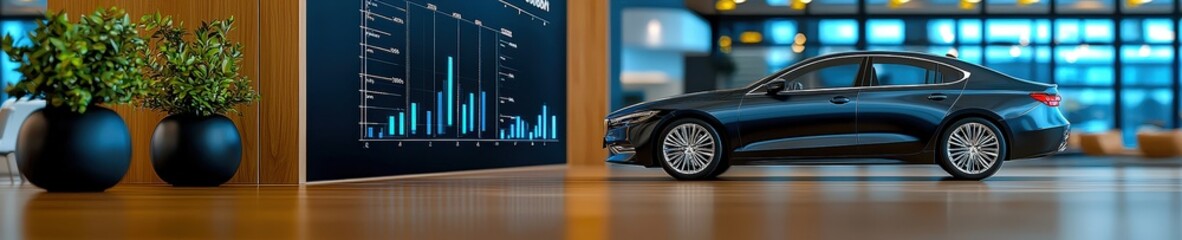 Modern Car in Stylish Office Setting with Data Display