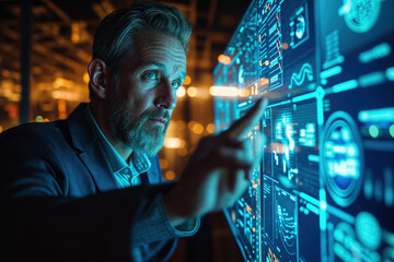  Mature Caucasian businessman analyzing futuristic digital interface with holographic data visualization in dark office illuminated by blue technology glow