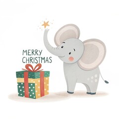Naklejka premium cute elephant and giftbox merry christmas background
