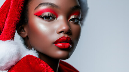 Stylish high-fashion portrait of a young African American female Santa Claus featuring glamorous makeup and vibrant red lips, perfect for holiday marketing.