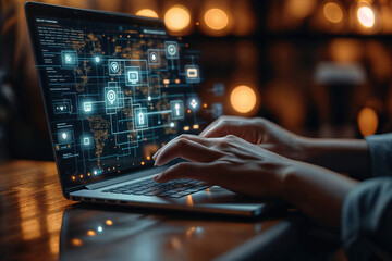 Professional working on laptop with futuristic cybersecurity interface display showing digital icons and global network connections in dark ambient setting