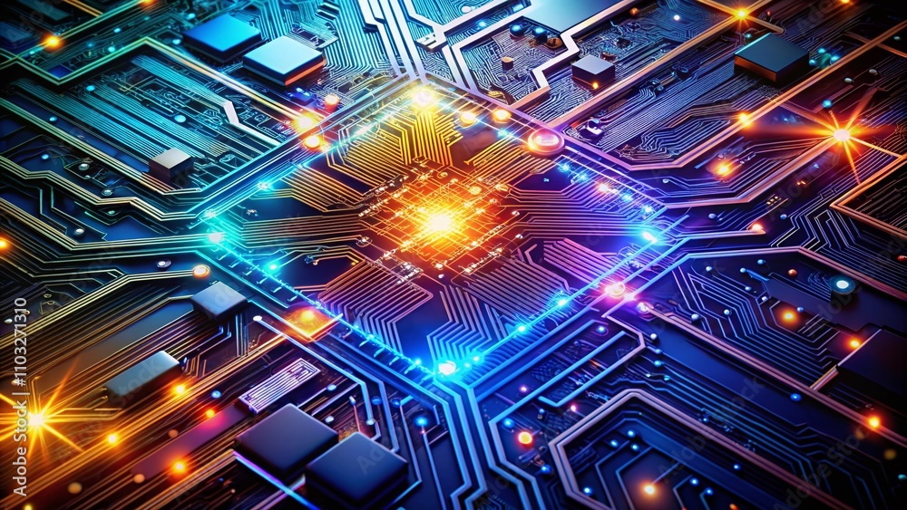 Poster abstract circuit board background showcasing futuristic technology processes with vibrant colors and
