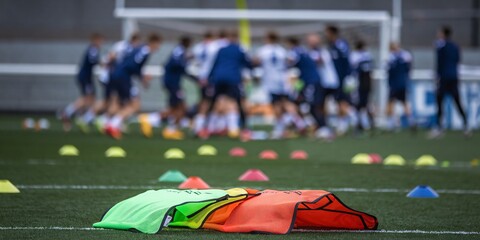 Brightly colored training bibs lie in focus on the field, with players and activity blurred in the background. The image captures pre-game preparation, emphasizing sports equipment and energy.