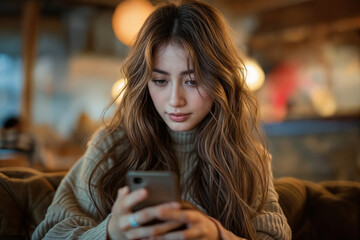 Young Asian woman with wavy brown hair using smartphone in cafe, warm ambient lighting and bokeh background, casual winter outfit, contemplative expression
