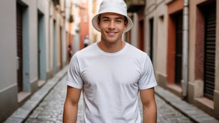 Young man wearing white t-shirt and white bucket hat standing in a city alley