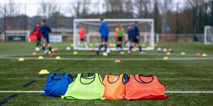 Brightly colored training bibs lie in focus on the field, with players and activity blurred in the background. The image captures pre-game preparation, emphasizing sports equipment and energy.