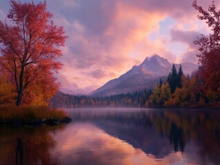 Fototapeta premium A serene landscape featuring a tranquil lake surrounded by vibrant autumn foliage and majestic mountains, perfect for nature-themed projects, travel brochures, or relaxation-focused content,