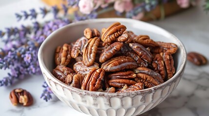 Obraz premium Perforated pecans on atop a bowl of lavender glace