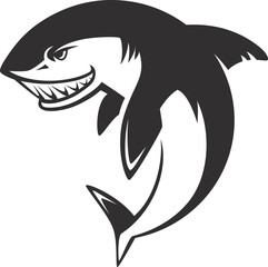 A black and white shark with its mouth open and teeth showing