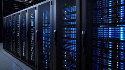 row of illuminated server racks in modern data center, showcasing advanced technology and efficient data storage solutions. blue lights create futuristic and high tech atmosphere