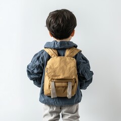 Back view of child holding backpack isolated on white background