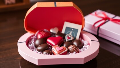 Valentine Chocolates. A collection of heart-shaped chocolates in a pink box, perfect for Valentine's Day.