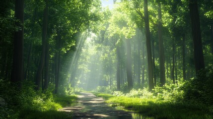 Obraz premium Lush green forest with sunlight filtering through trees, illuminating a tranquil path, Ideal for nature-themed projects, wellness promotions, or outdoor adventure content,