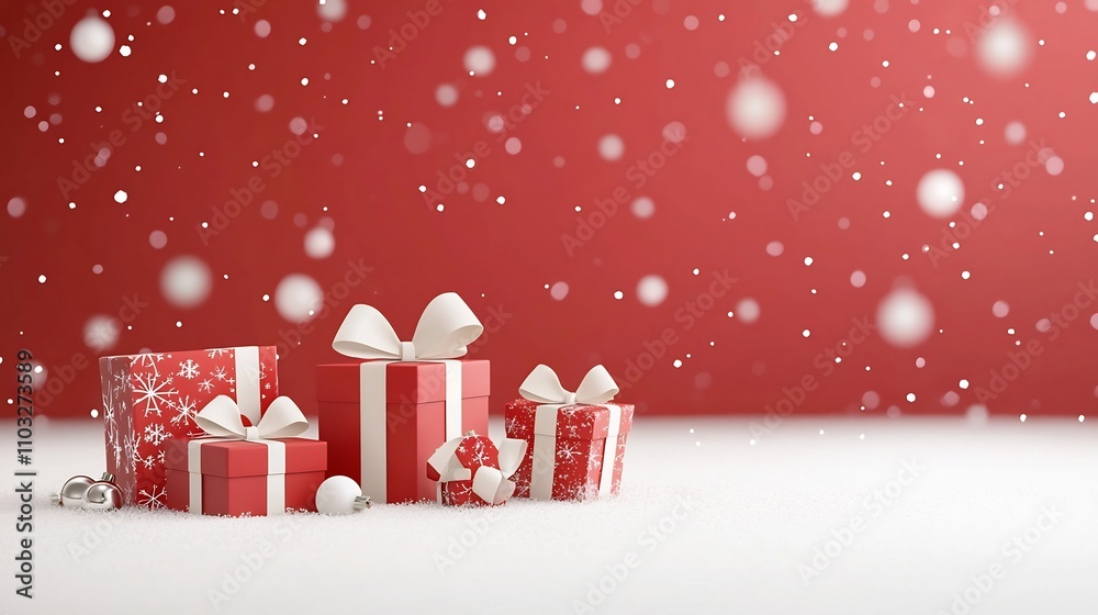 Fototapete serene winter holiday snowy setting with neatly placed red gift boxes adorned with white bows agains