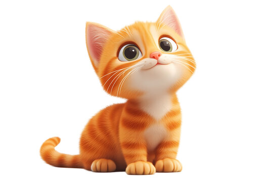 3d render of Cat isolated on transparent background. png. clipart. Charming 3D rendered cartoon cat in orange with big expressive eyes, seated adorably.