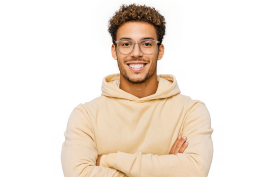 Young caucasian curly portrait man hair glasses He standing his arms crossed front him smiling - Powered by Adobe