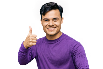 Young caucasian handsome portrait man big smile his face He wearing purple long-sleeved shirt standing against transparent background