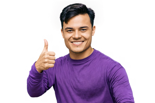 Young caucasian handsome portrait man big smile his face He wearing purple long-sleeved shirt standing against transparent background