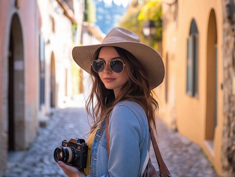 Young woman tourist walking and exploring italian old town with vintage camera