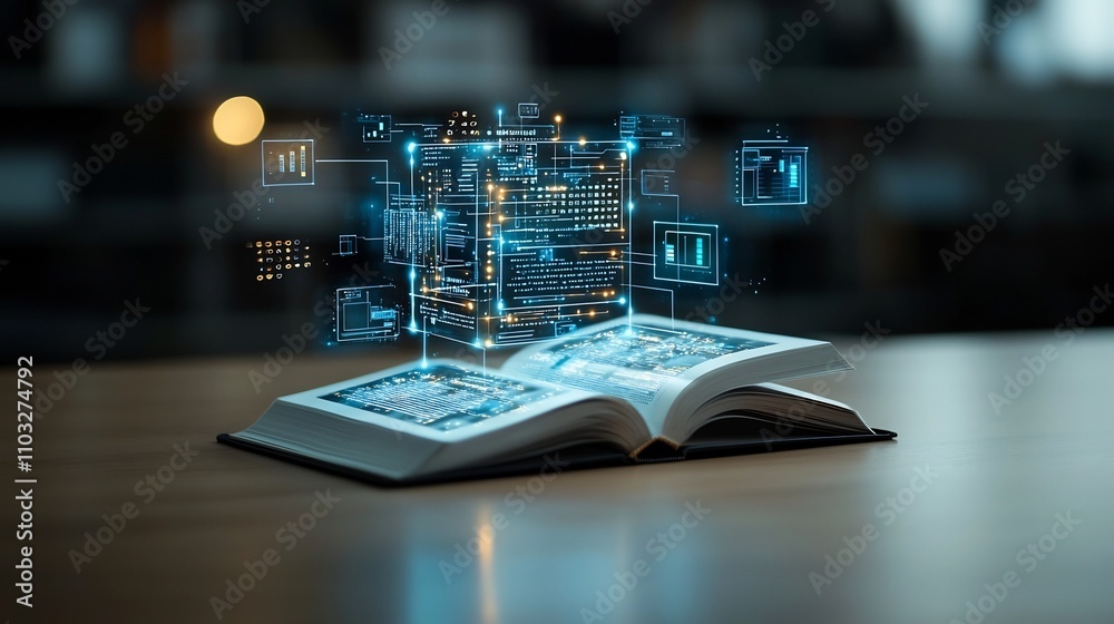 Fototapete Glowing open book with radiating pages spreading light and abstract futuristic patterns symbolizing innovation effective learning and digital transformation in the modern world