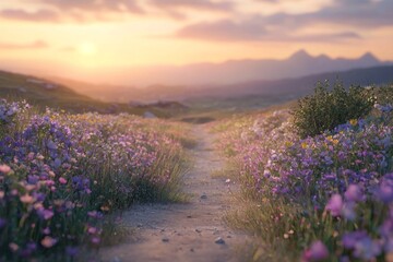 Fototapeta premium A path leading into the distance, with wildflowers on both sides and a beautiful sunset sky in the background.