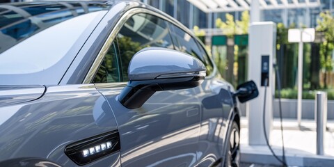 Close-up showcasing the sleek design of an electric vehicle charging at a modern station. The focus is sharp on the car's features, while the background is softly blurred, emphasizing the vehicle. 
