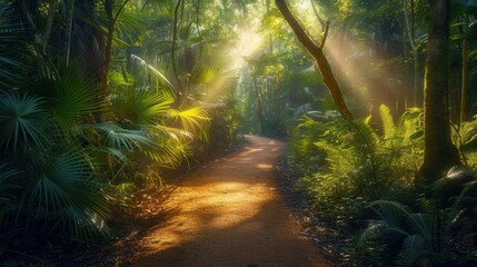 Obraz premium A serene path winds through a lush, sun-drenched jungle filled with vibrant plants and rays of sunlight filtering through the foliage, Ideal for nature-inspired projects, travel articles