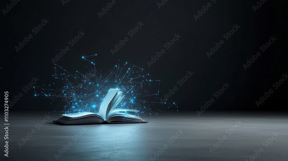 Leinwandbilder Radiant open book with glowing luminous pages surrounded by digital glow trails and abstract light effects symbolizing the power of creativity imagination