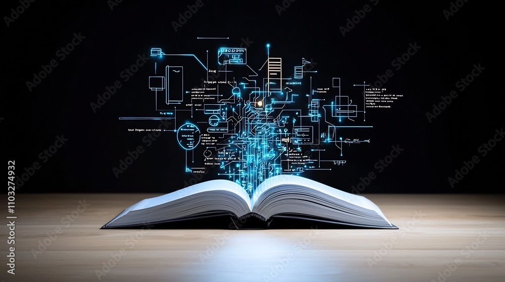 Poster glowing open book emitting vibrant futuristic light and abstract patterns symbolizing the creative a