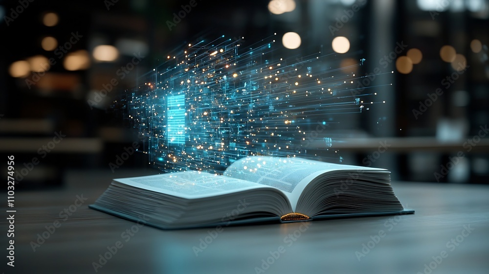 Leinwandbilder Futuristic open book with glowing vibrant pages radiating digital light trails symbolizing the boundless imagination and creative energy unleashed through reading and learning