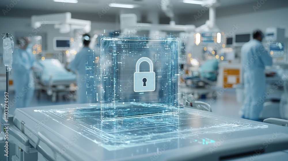 Poster close up view of a glowing digital lock on a hospital bed symbolizing the secure protection of sensi
