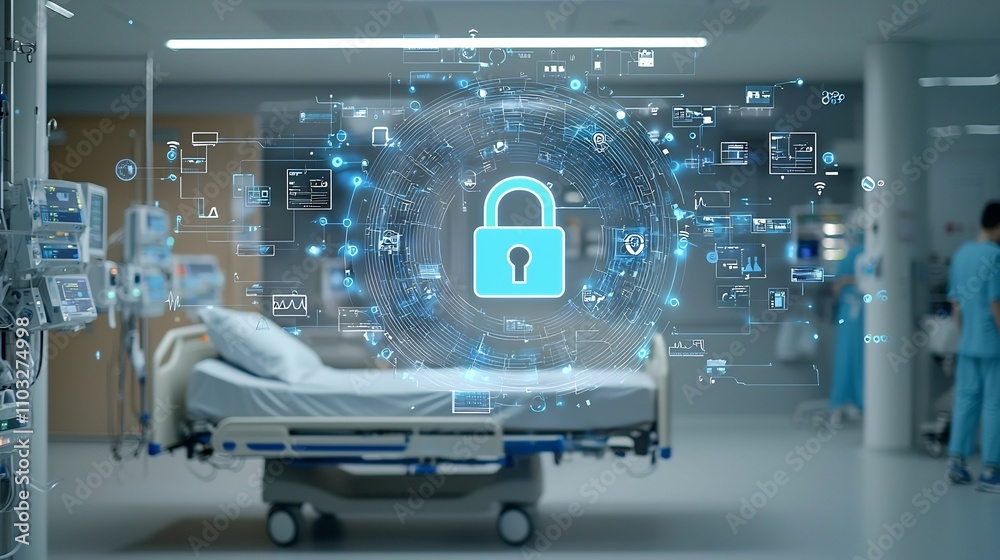 Aufkleber futuristic glowing lock symbol hovers above hospital bed symbolizing advanced security and privacy m