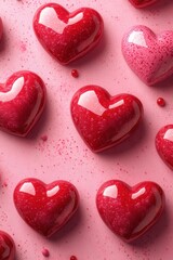 Fototapeta premium Colorful Heart-Shaped Chocolate Treats on a Pink Background Ideal for Valentine’s Day Celebrations, Sweet Treats, and Festive Occasions