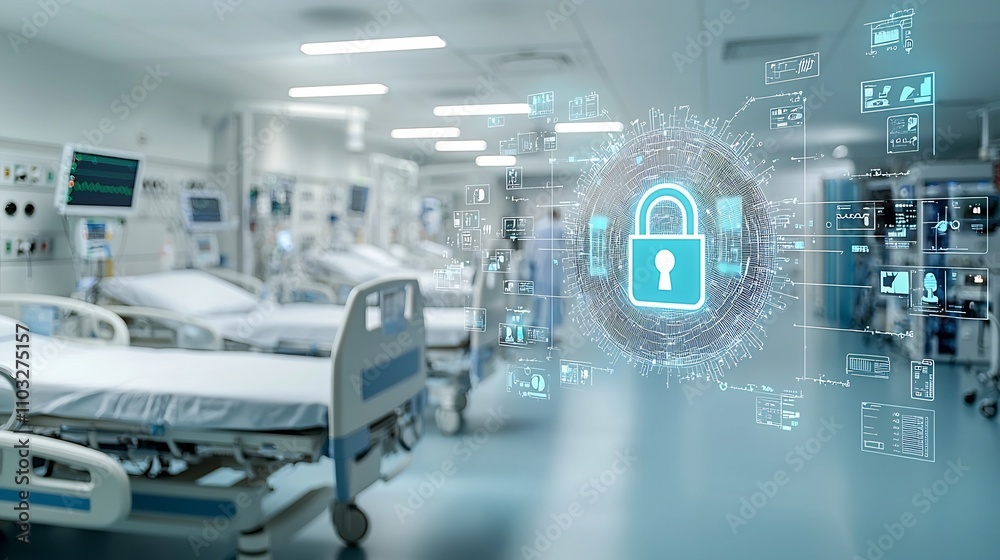 Poster close up of a futuristic hospital bed with a glowing holographic lock symbol above it representing t