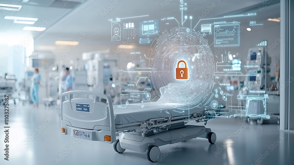 Leinwandbilder futuristic hospital bed with a glowing holographic lock symbol above it representing the advanced se
