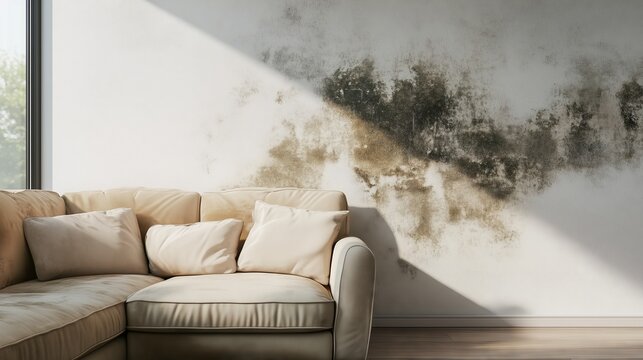 Mold infestation growing on wall behind sofa in living room