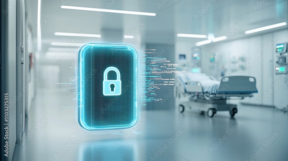 Poster futuristic glowing lock hovering near hospital bed with streaming digital data symbolizing advanced 