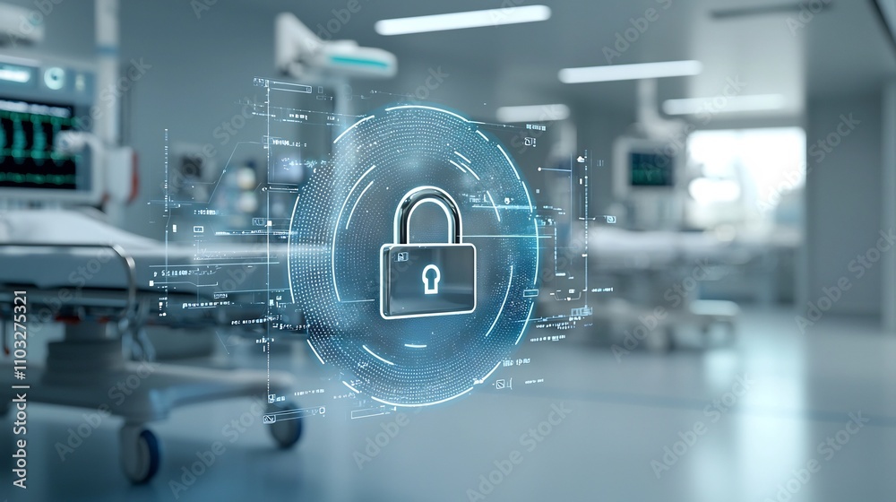 Poster futuristic glowing lock hovers near a hospital bed surrounded by digital data streams symbolizing ad