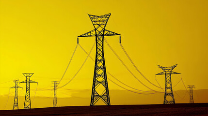 Electric Power Transmission, Silhouetted Towers Against a Vivid Yellow Sky