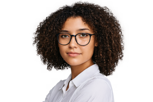 Young cute brazilian portrait woman curly hair glasses She standing her arms crossed smiling camera appears
