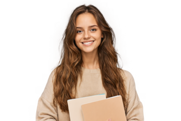 Young student woman portrait long brown hair wearing beige sweater She
