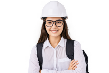 Young architect indian portrait woman wearing white hard hat glasses She standing her arms crossed smiling
